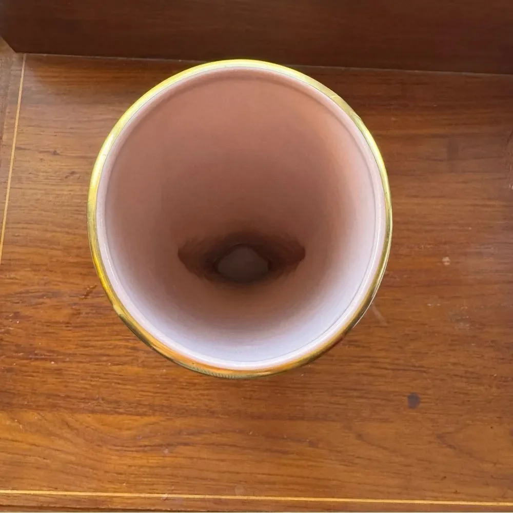 Vintage Art Deco Vase Pink Flowers Gold Trim